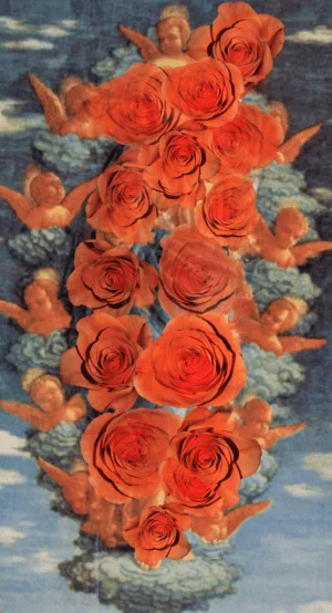 Angeli arte protezione bellezza:   Composizione artistica che mostra uno sfondo di angeli e nuvole in stile classico, ricoperti da una serie di rose rosse in primo piano che creano una trama visiva dinamica.