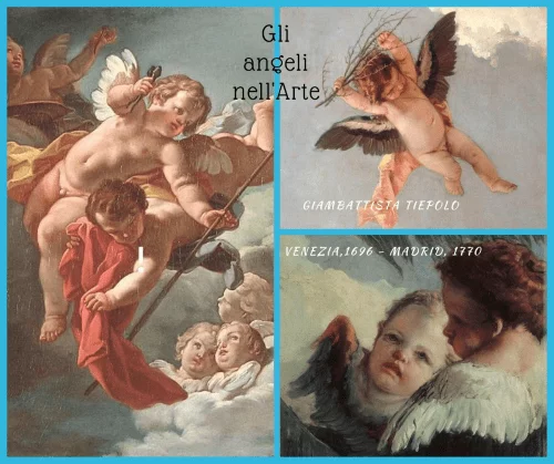 Angeli arte protezione bellezza:   Un collage di tre dettagli di dipinti del pittore veneziano Giambattista Tiepolo, incorniciati da una sottile linea azzurra. L'immagine a sinistra mostra angeli che fluttuano tra le nuvole, uno dei quali tiene un drappo rosso e un'asta. In alto a destra, un piccolo angelo vola portando un ramo, mentre in basso a destra due angeli sono ritratti in un momento di tenera vicinanza. Compaiono i testi "Gli angeli nell'Arte", il nome dell'artista e le sue date: "VENEZIA, 1696 - MADRID, 1770".