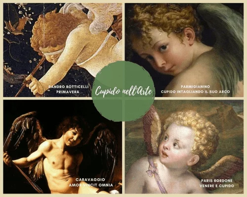 Angeli arte protezione bellezza:   Collage intitolato "Cupido nell'Arte" con quattro opere famose: "Primavera" di Botticelli, "Cupido che fabbrica il suo arco" di Parmigianino, "Amor Vincit Omnia" di Caravaggio e "Venere e Cupido" di Paris Bordone.