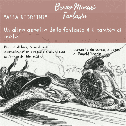 Un'illustrazione in bianco e nero che mostra due lumache impegnate in una gara a grande velocità. Le lumache portano dei fantini sui loro gusci e si muovono lasciando scie di movimento, come se fossero veicoli a motore. Nella parte superiore, il testo menziona Bruno Munari e spiega che il cambio di movimento è un aspetto della fantasia, citando "Ridolini" e le "Lumache da corsa" di Ronald Searle.