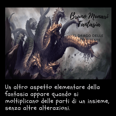 Bruno Munari arte educazione  Un'illustrazione fantastica di un drago a sette teste con squame dorate e pelle scura, rappresentato in una posa dinamica e potente. Il testo in alto a destra indica "Bruno Munari Fantasia" e "Il drago dalle sette teste", mentre nella parte inferiore si spiega che la fantasia nasce anche dal moltiplicare le parti di un insieme senza altre alterazioni.