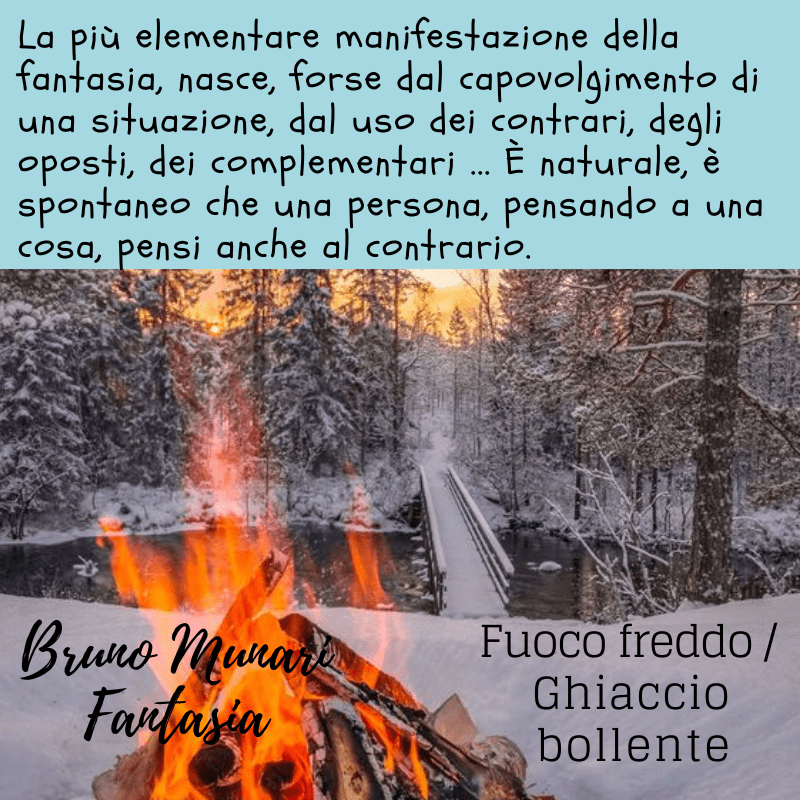 Bruno Munari arte educazione  Un'immagine divisa che mostra nella parte inferiore un paesaggio invernale innevato con un ponte di legno e, in primo piano, un falò con fiamme intense e brillanti. Nella parte superiore, su uno sfondo celeste, un testo spiega che la fantasia nasce dal ribaltamento delle situazioni e dall'uso degli opposti, menzionando concetti come "Fuoco freddo / Ghiaccio caldo" e attribuendo l'idea a Bruno Munari.