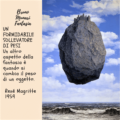 Una riproduzione dell'opera "Il castello dei Pirenei" (1959) di René Magritte. Mostra una roccia gigante e pesante che galleggia senza peso sopra un mare agitato, con un piccolo castello di pietra costruito sulla sua cima. Il testo laterale indica che un altro aspetto della fantasia si ha quando si cambia il peso di un oggetto.