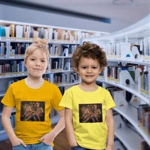Due bambini, posano sorridenti all'interno di una biblioteca. Entrambi indossano magliette a maniche corte: la bambina indossa una t-shirt giallo senape e il bambino una giallo limone. Entrambe le magliette presentano una stampa artistica rettangolare al centro che raffigura un'opera d'arte classica con diverse figure in una scena calda e soffusa.