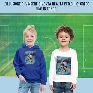 Un'immagine grafica che ritrae due bambini, un maschio e una femmina, in piedi davanti a uno sfondo che rappresenta un campo da calcio verde visto dall'alto. Entrambi i bambini indossano maglie decorate con la stessa stampa artistica di due calciatori in azione. Nella parte superiore dell'immagine compare la scritta: "L'illusione di vincere diventa realtà per chi ci crede fino in fondo".