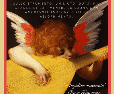 Angeli arte protezione bellezza: Dipinto rinascimentale dell' "Angiolino musicante" di Rosso Fiorentino, che mostra un fanciullo alato dai capelli ricci mentre suona un liuto con grande dedizione.