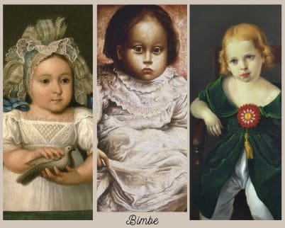 Storia infanzia opere artistiche:   Collage di tre dipinti classici di bambine: una bambina con una colomba, un ritratto realista di una bambina con un abito bianco e una bambina con un abito verde scuro e un fiore rosso.