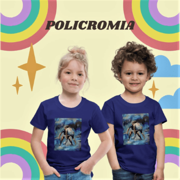 Due bambini sorridenti posano davanti a uno sfondo giallo decorato con arcobaleni e stelle. Entrambi indossano magliette blu marino con stampato un design artistico in stile impressionista che mostra due figure in una scena di sport o movimento. Nella parte superiore, appare la parola "POLICROMIA" in lettere scure.