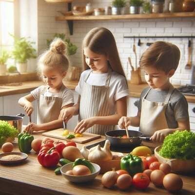 Una fotografia realistica che mostra tre bambini piccoli impegnati a cucinare in una cucina luminosa e moderna. Indossano grembiuli beige e sono concentrati nel tagliare verdure fresche e mescolare ingredienti in una padella. Sul tavolo di legno davanti a loro c'è una grande varietà di ortaggi colorati: pomodori, peperoni verdi e rossi, aglio, cipolle e uova. L'atmosfera è calda, solare e domestica.