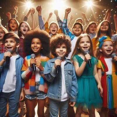 Una fotografia realistica e gioiosa che mostra un folto gruppo di bambini sul palco durante un’esibizione musicale. In primo piano, diversi bambini sorridenti tengono dei microfoni e cantano con entusiasmo. Sullo sfondo, altri bambini alzano le braccia al cielo in segno di festa. La scena è illuminata da forti luci di scena che creano un'atmosfera magica e vibrante da concerto.