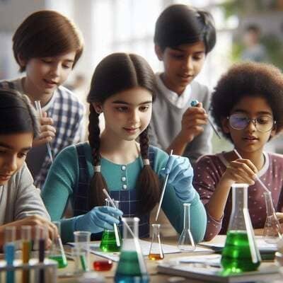 Una fotografia realistica che mostra un gruppo di bambini concentrati durante un esperimento di scienze. Al centro, una bambina con le trecce e i guanti protettivi azzurri utilizza una pipetta per trasferire del liquido in un matraccio. Sul tavolo sono presenti diverse provette e contenitori di vetro riempiti con liquidi colorati (verde, azzurro, arancione). Gli altri bambini osservano con attenzione e partecipano all'attività in un laboratorio luminoso.