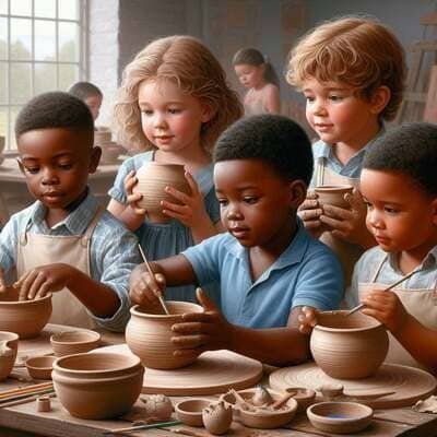 Una fotografia realistica che mostra un gruppo di bambini concentrati mentre lavorano l'argilla in un laboratorio di ceramica. I bambini, che indossano grembiuli protettivi, stanno modellando e decorando vasi di terracotta con le mani e piccoli pennelli. Sul tavolo di legno si vedono ciotole già finite, strumenti per la scultura e resti di argilla, creando un'immagine autentica di artigianato creativo.