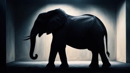 La silhouette oscura e massiccia di un elefante di profilo, illuminata da dietro da una luce tenue in una stanza minimalista e grigiastra. L'immagine cattura l'immensità dell'animale, di cui si distinguono chiaramente solo i contorni della proboscide, delle zanne, delle grandi orecchie e delle zampe robuste, creando un'atmosfera di mistero e scoperta.