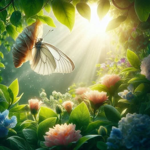 Una farfalla bianca dalle ali delicate è appena emersa dal suo bozzolo, che pende da un ramo circondato da foglie verdi vibranti. La scena si svolge in un giardino magico pieno di fiori nei toni del rosa e dell'azzurro, immerso in intensi raggi di luce solare che attraversano il fogliame, creando un'atmosfera di trasformazione e bellezza naturale.