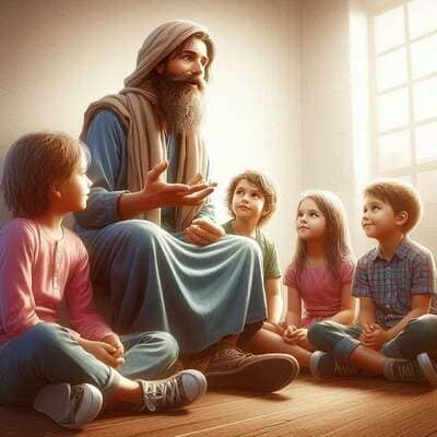 Illustrazione di un uomo con una lunga barba e vesti tradizionali in stile sufi (tunica blu e turbante beige) seduto sul pavimento. È circondato da quattro bambini che lo ascoltano con attenzione e stupore in una stanza illuminata dalla luce naturale di una finestra. Il maestro gesticola con le mani mentre narra una storia, creando un'atmosfera di pace e saggezza condivisa.