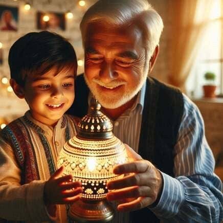 Un bambino piccolo e suo nonno, con capelli e barba brizzolati, appaiono sorridenti e uniti mentre tengono insieme una lampada artigianale in stile arabo finemente decorata. La lampada emette una luce calda e brillante che illumina i loro volti in un ambiente accogliente, mettendo in risalto i dettagli geometrici dell'oggetto e l'espressione di complicità e gioia tra i due.
