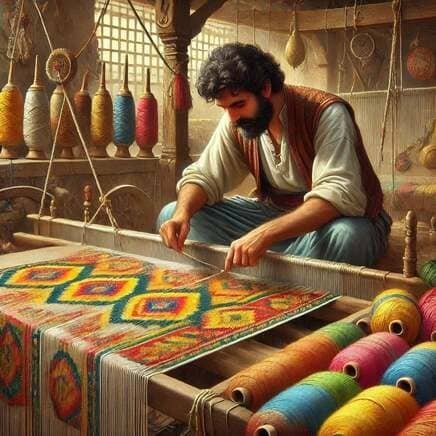 Un artigiano tessitore con la barba scura e i capelli ricci lavora concentrato su un telaio di legno tradizionale all'interno di un laboratorio rustico. Davanti a lui, un tappeto a metà opera mostra un complesso motivo geometrico con rombi dai colori vivaci: giallo, arancione, blu e verde. In primo piano e sullo sfondo si osservano numerosi rocchetti di filo di lana in un'ampia gamma di colori, pronti per essere integrati nella trama.