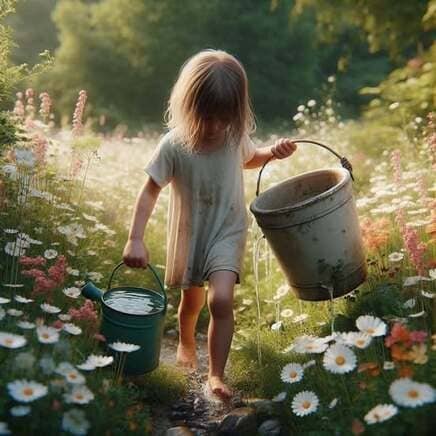 Una bambina cammina a piedi nudi lungo un sentiero circondato da margherite bianche e fiori selvatici in un campo illuminato dal sole. Porta due recipienti: nella mano destra tiene un annaffiatoio verde pieno d'acqua e nella mano sinistra un vaso di legno appeso a un manico. Il vaso di legno presenta piccole fessure da cui fuoriesce l'acqua, bagnando dolcemente i fiori al suo passaggio mentre la bambina avanza con serenità.