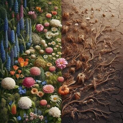 Un'immagine divisa verticalmente che mostra un contrasto drastico tra due paesaggi. Il lato sinistro è colmo di un giardino lussureggiante con fiori vibranti nei toni del rosa, azzurro, arancione e bianco, circondati da foglie verdi e sane. Il lato destro mostra un terreno arido e screpolato, con piante appassite, rami secchi e un'atmosfera desolata che simboleggia la mancanza di cura.