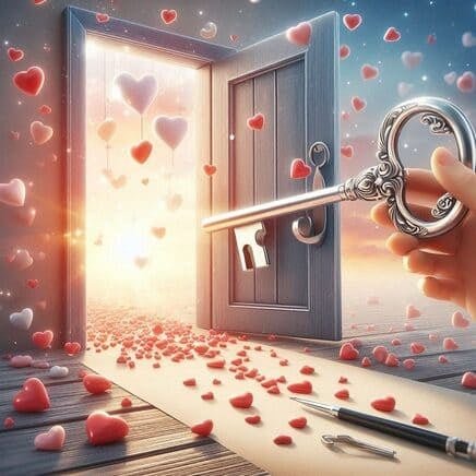 Una mano tiene una chiave antica d'argento con disegni intricati davanti a una porta di legno socchiusa. Dalla porta emana una luce calda e brillante, e l'ambiente è pieno di cuori fluttuanti di colore rosso e rosa che cadono come petali su un sentiero illuminato. La scena evoca un mondo di fantasia, bontà e nuove opportunità.