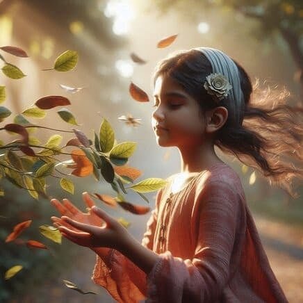 Una bambina dai capelli scuri con una fascia adornata da un fiore chiude gli occhi con serenità in un bosco illuminato da una luce dorata. Tiene le mani aperte in avanti mentre foglie autunnali nei toni del verde, del giallo e del rosso fluttuano e cadono dolcemente intorno a lei, cullate da una brezza invisibile. L'atmosfera è magica e tranquilla, catturando il momento in cui la bambina sente il vento sul viso.