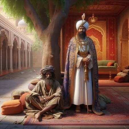 Un sultano con una lunga tunica bianca, un mantello viola e oro riccamente decorato e un turbante con una gemma, sta in piedi accanto a un grande albero in un cortile di un palazzo. Ai suoi piedi, seduto su tappeti e cuscini sul pavimento, si trova un uomo dalla barba brizzolata con vesti semplici e un umile turbante. La scena, dai colori caldi e dall'architettura dettagliata con archi sullo sfondo, mette in risalto il contrasto tra l'opulenza del sovrano e la calma dell'uomo umile.