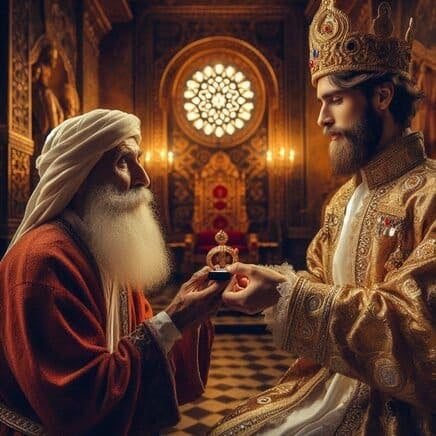 All'interno di un palazzo ornato con una grande finestra circolare a rosone sullo sfondo, un saggio anziano con una lunga barba bianca e una tunica rossa consegna un piccolo anello a un giovane re. Il re, che indossa una tunica dorata ricamata e una corona maestosa, riceve l'oggetto con entrambe le mani e un'espressione riflessiva. La luce calda risalta la solennità dell'incontro e i dettagli architettonici del trono alle loro spalle.