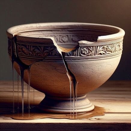 Una ciotola di ceramica antica e ornata con motivi floreali si trova su un tavolo di legno. La ciotola presenta grandi crepe e fessure da cui fuoriesce un liquido dorato e brillante, che gocciola sulla superficie del tavolo formando una piccola pozza. L'immagine mette in risalto l'impossibilità di contenere il liquido a causa dei danni alla struttura del recipiente.