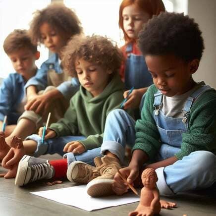 Un gruppo di bambini seduti sul pavimento di un’aula illuminata. Sono immersi in un’attività artistica; alcuni disegnano su carta bianca mentre altri modellano piccole figure di argilla. L’atmosfera è di calma, concentrazione e rispetto reciproco per il lavoro creativo dell’altro.