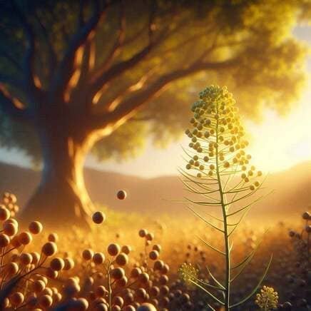 Un paesaggio naturale immerso nella luce dorata di un tramonto, dove in primo piano si osserva una pianta sottile e verde con piccoli semi rotondi sui suoi rami. Sullo sfondo, la silhouette imponente di un albero robusto e antico si staglia contro il cielo luminoso, mentre piccoli semi sembrano fluttuare nell'aria, simboleggiando il ciclo della vita e il potenziale di crescita.