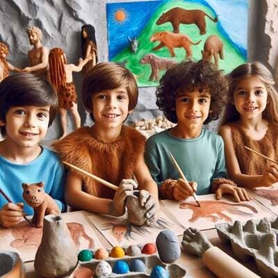 Quattro bambini sorridenti partecipano a un laboratorio d'arte a tema preistorico. Sono seduti a un tavolo pieno di materiali: disegni di animali rupestri, piccole sculture di argilla e pigmenti colorati. Alcuni bambini indossano costumi in finta pelliccia che richiamano l'abbigliamento primitivo. Sullo sfondo si vedono pitture murali colorate e statuette che riproducono l'arte rupestre e le veneri preistoriche.