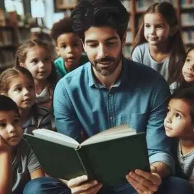 Un giovane uomo con la barba siede al centro di un gruppo di bambini in una biblioteca, leggendo loro un libro aperto con la copertina verde. I bambini lo circondano con sguardi attenti e curiosi. Sullo sfondo si intravedono scaffali pieni di libri sfocati, creando un'atmosfera calda e accogliente.