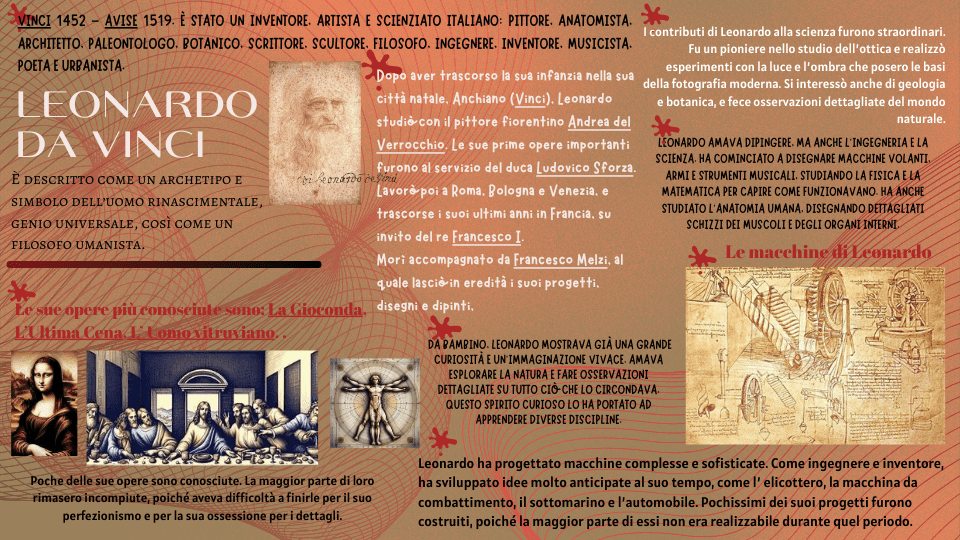 Un'infografica educativa su sfondo color terracotta che illustra la vita e le opere di Leonardo da Vinci. Include un ritratto a schizzo dell'artista, immagini delle sue opere più famose come la Monna Lisa, l'Ultima Cena e l'Uomo Vitruviano, e disegni tecnici delle sue macchine volanti e meccaniche. Il testo descrive le sue molteplici professioni, la sua infanzia e i suoi contributi pionieristici alla scienza e all'ingegneria.