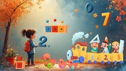 Montessori attività (0-18)  Illustrazione di una bambina con lo zaino che tiene in mano il numero 2 davanti a un treno colorato carico di bambini e i numeri 1, 2 e 3, in un ambiente autunnale con numeri che fluttuano nel cielo.