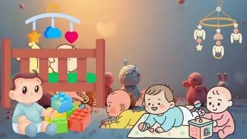 Montessori attività (0-18)  Illustrazione di quattro neonati che interagiscono con diversi giocattoli come blocchi, sonagli e giostrine in una stanza illuminata dolcemente vicino a una culla.