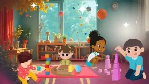 Montessori attività (0-18) Illustrazione di quattro bambini piccoli in un'aula luminosa che giocano con blocchi da costruzione e puzzle di forme geometriche su un tavolo.