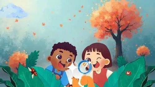  Illustrazione di due bambini piccoli che esplorano la natura con una lente d'ingrandimento tra grandi foglie verdi, con un albero autunnale sullo sfondo e coccinelle tutt'intorno.