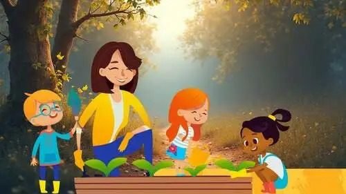  Illustrazione di una donna e tre bambini che si prendono cura di un piccolo orto, annaffiando e piantando germogli verdi in un bosco illuminato dal sole.
Didascalia (Caption): "Seminare il futuro": L'apprendimento attraverso la cura della vita e della natura.
