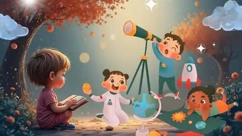 Montessori attività (0-18) Illustrazione di quattro bambini che esplorano lo spazio: uno legge un libro, un altro guarda attraverso un telescopio, una bambina fluttua in una tuta e un altro bambino osserva una mappa del sistema solare in un ambiente fantastico.