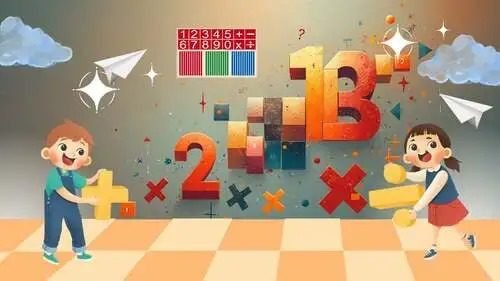 Montessori attività (0-18) Illustrazione di due bambini che interagiscono con grandi numeri colorati (1, 2, 3) e segni matematici in un ambiente creativo con aeroplanini di carta e stelle.