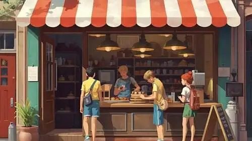 Illustrazione di diversi bambini davanti a un negozio con una tenda a righe rosse e bianche, mentre interagiscono con un giovane commesso dietro un bancone pieno di prodotti.
