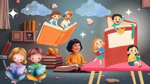 Montessori attività (0-18)  Illustrazione colorata di bambini che leggono in una stanza dove i libri volano come uccelli, con nuvole e stelle brillanti che fluttuano nell'aria.