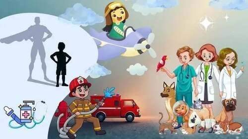 Montessori attività (0-18)  Illustrazione di bambini che rappresentano diverse professioni: una bambina su un aereo, un bambino pompiere e un gruppo di veterinari e medici con animali, insieme all'ombra di un supereroe.