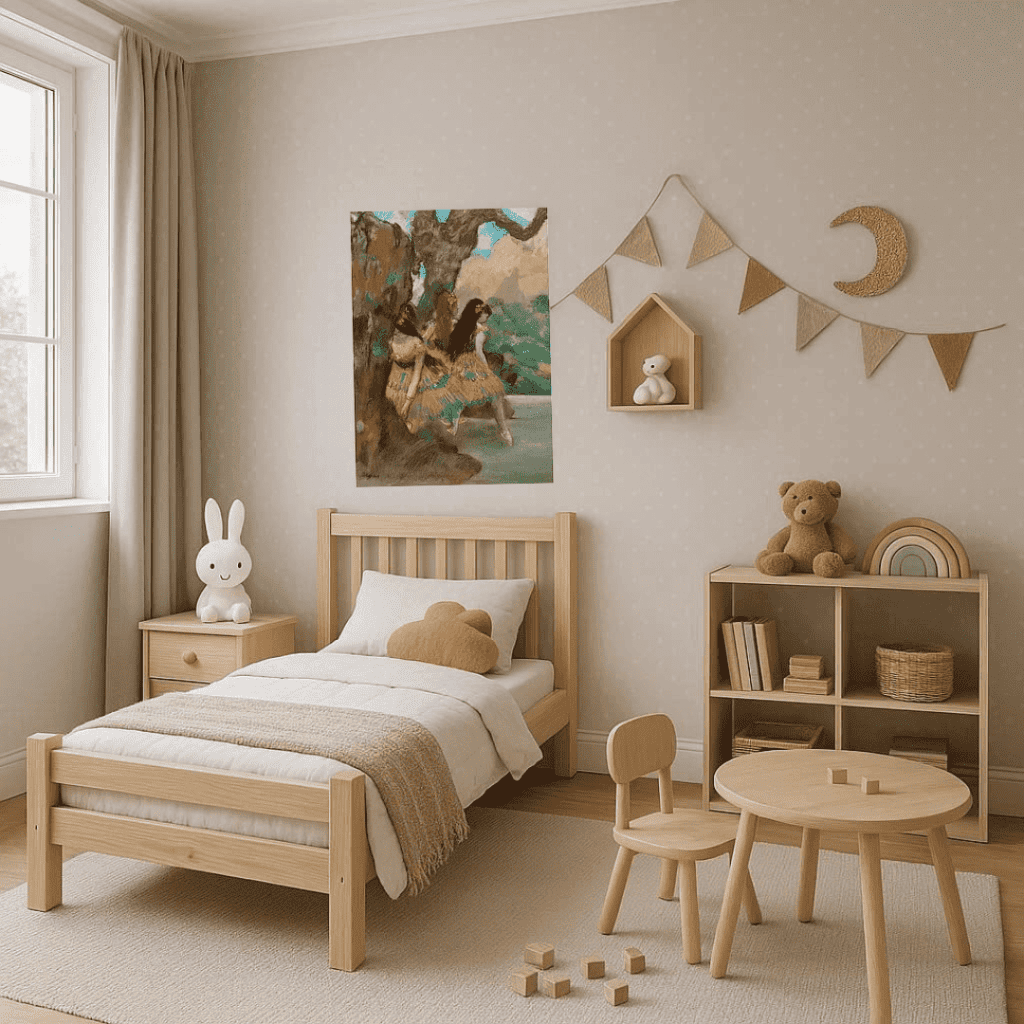 Regali didattici creativi sviluppo.    Una camera da letto per bambini in stile minimalista e naturale, con mobili in legno chiaro. Al centro della parete sovrastante il letto spicca una riproduzione del dipinto delle ballerine di Edgar Degas. La stanza è decorata con toni neutri, un tappeto beige, una piccola scrivania con sedia e scaffali contenenti libri e giocattoli semplici.