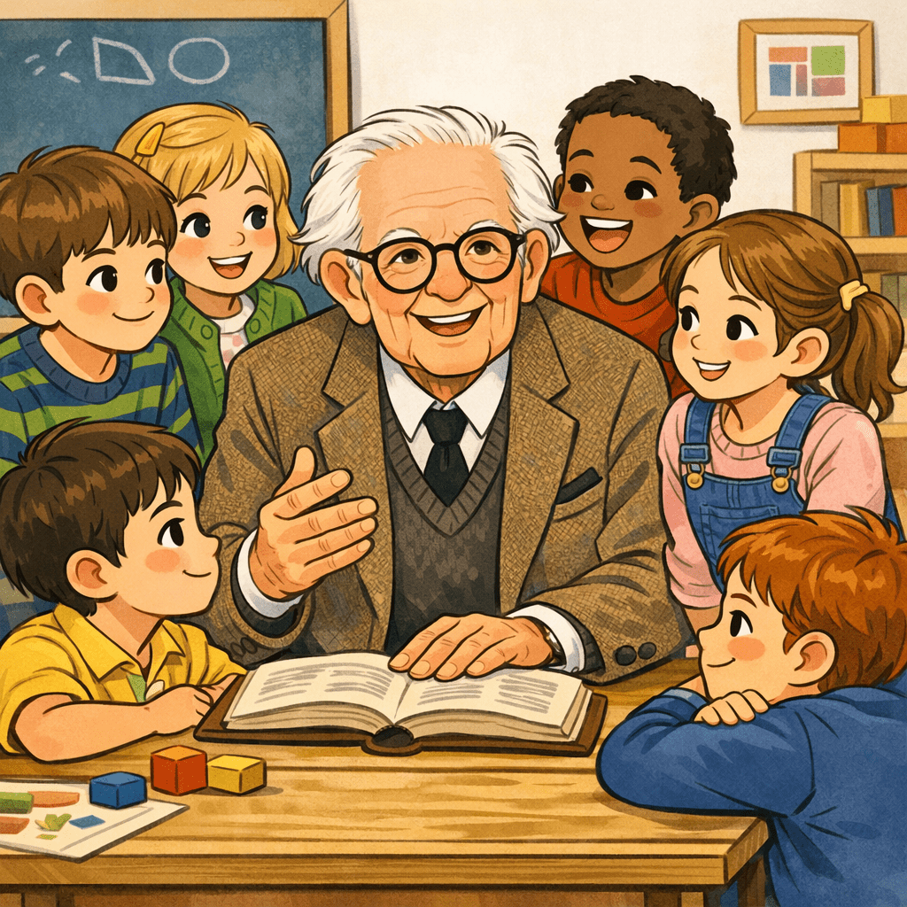 Piaget frasi educazione intelligenza  Illustrazione in stile cartoon che raffigura un uomo anziano con i capelli bianchi e occhiali tondi (Jean Piaget) seduto a un tavolo con un gruppo di bambini in un'aula. L'uomo sorride e indica un libro aperto, mentre i bambini lo circondano con espressioni felici e curiose. Sul tavolo sono presenti cubi colorati e fogli da disegno; sullo sfondo si vedono una lavagna e degli scaffali con libri.