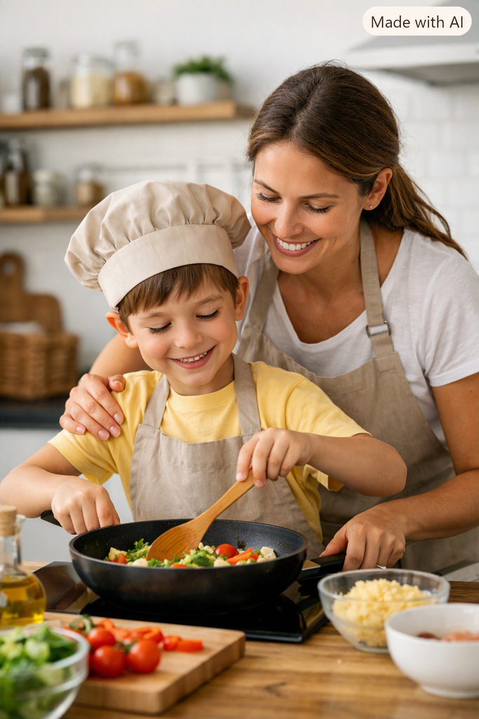 Attività dei piccoli in cucina, libri di ricette e giocattoli. 